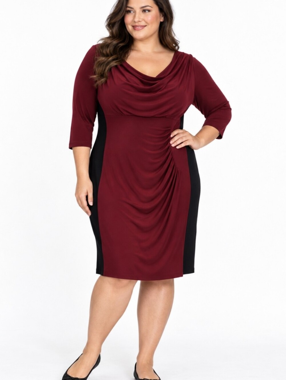 Lauren Ralph Lauren 18W Burgundy Black Colorblock Cowl Neck Ruched Dress Plus